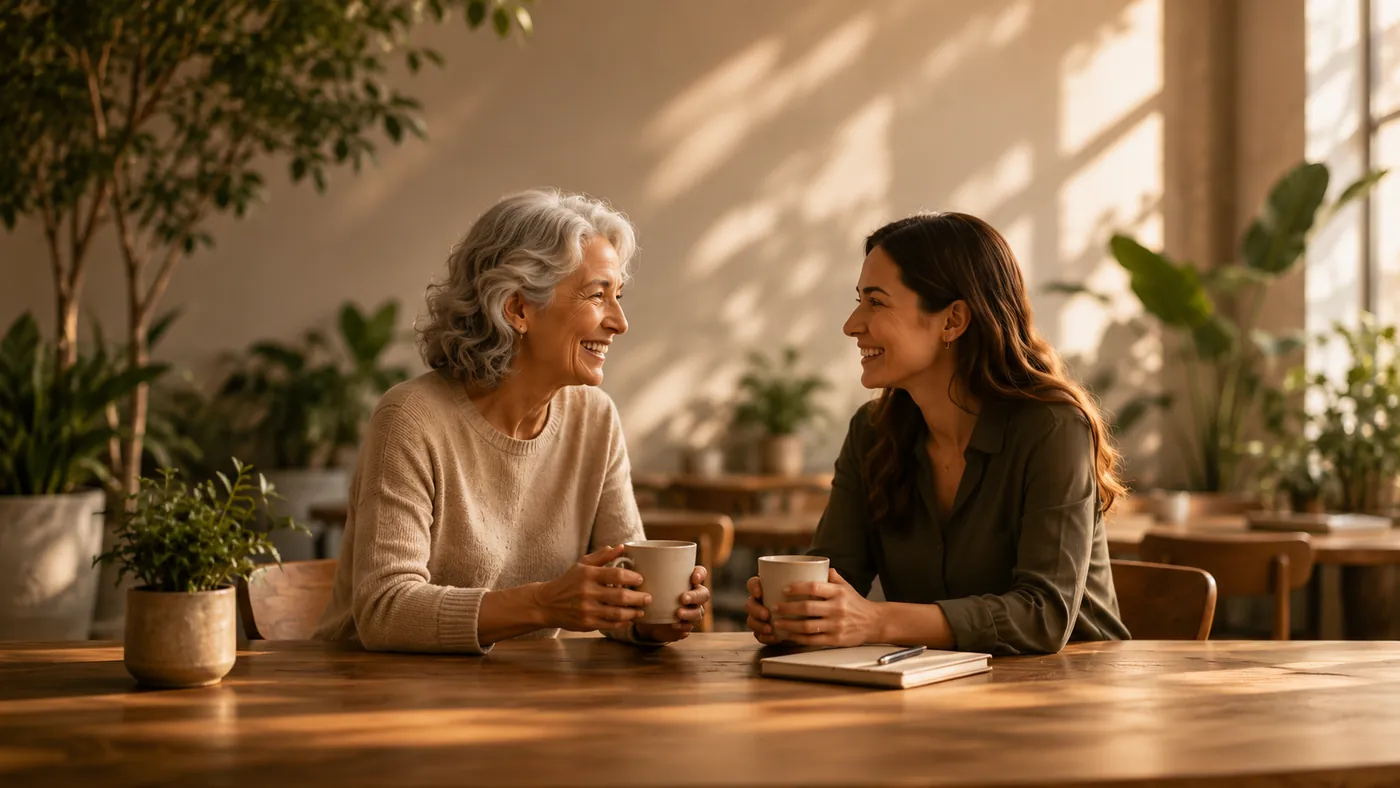 Two women sharing a warm conversation over coffee.