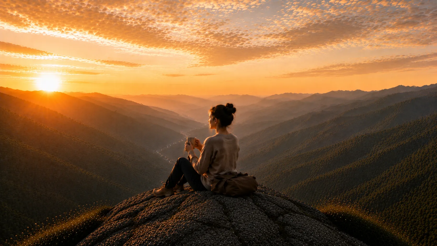 A peaceful mountain overlook at sunrise.
